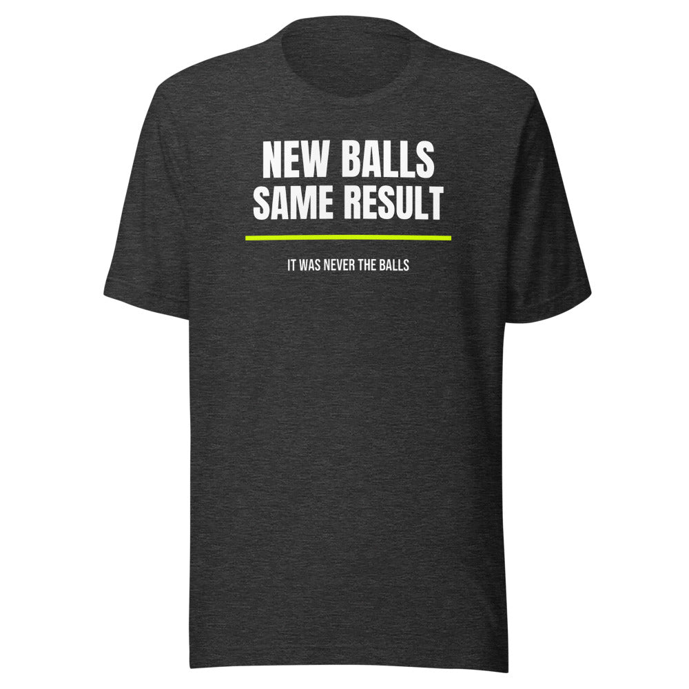 New Balls, Same Result — Funny Tennis Unisex Tee — Dark Grey Heather
