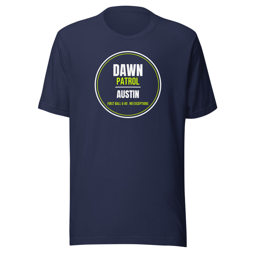 Dawn Patrol Austin — Funny Tennis Unisex Tee — Navy