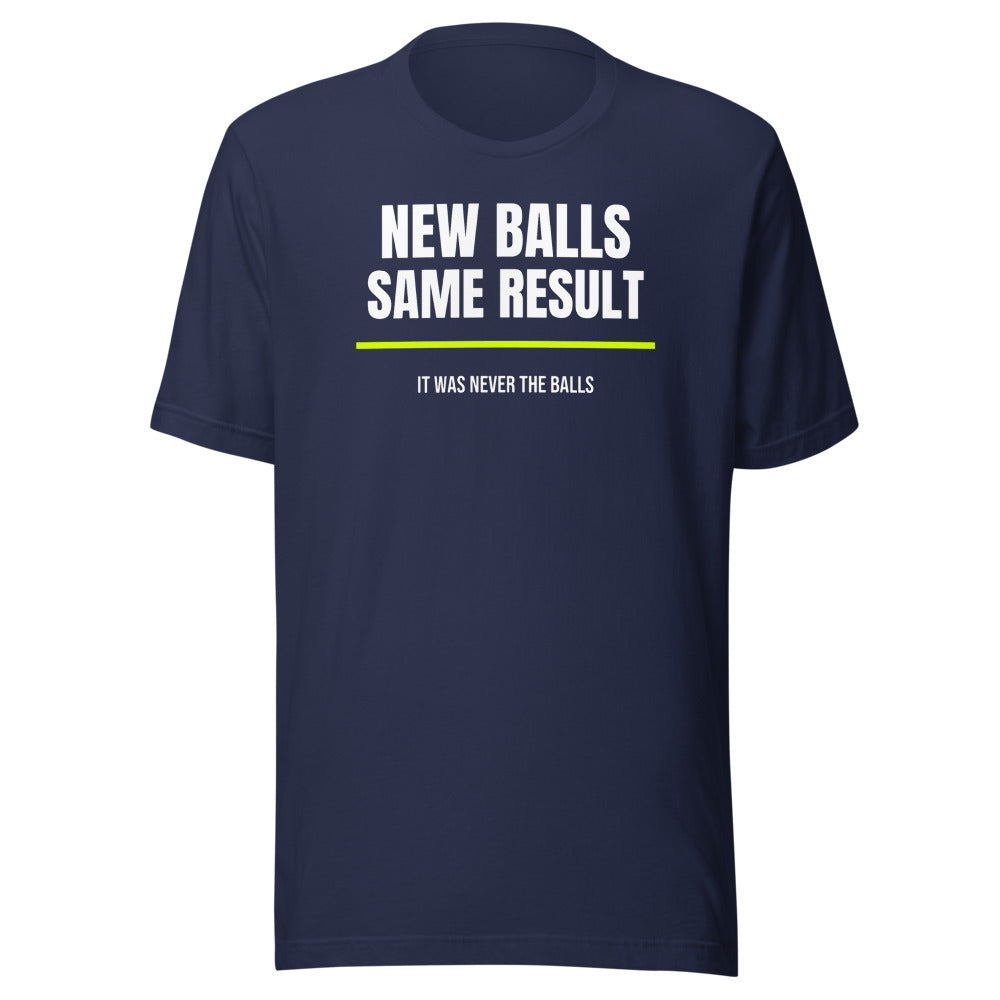 New Balls, Same Result — Funny Tennis Unisex Tee — Navy