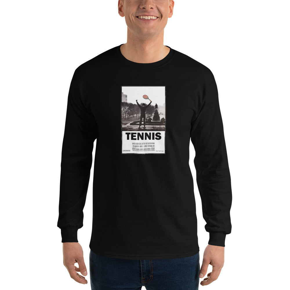 Victory Pose black long sleeve shirt shown on a model -- tennis court style