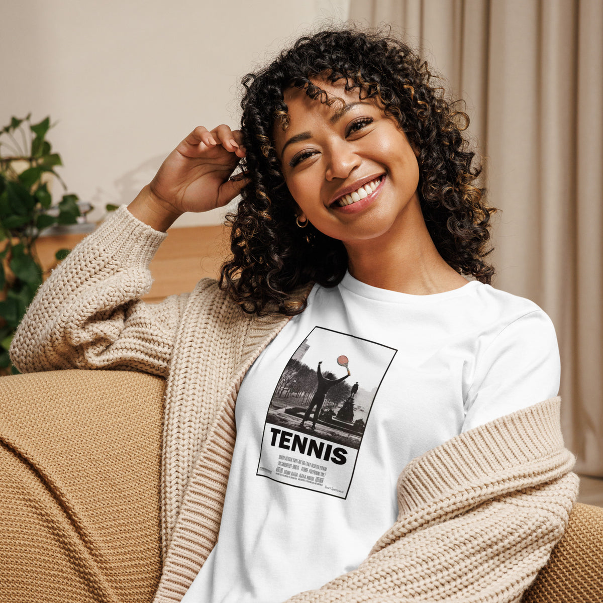 Victory Pose white women's t-shirt worn by a model -- tennis court style
