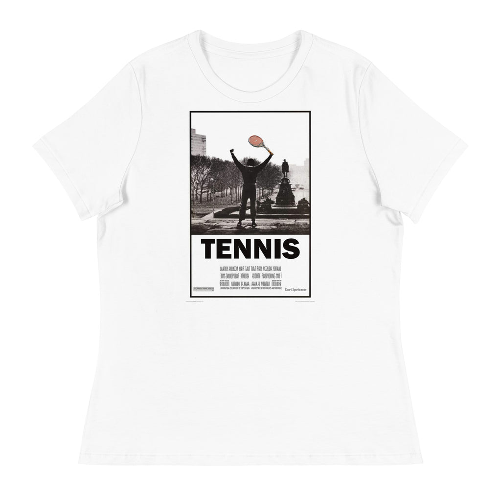 Victory Pose women's tennis tee in white, front view — vintage tennis design on combed ring-spun cotton