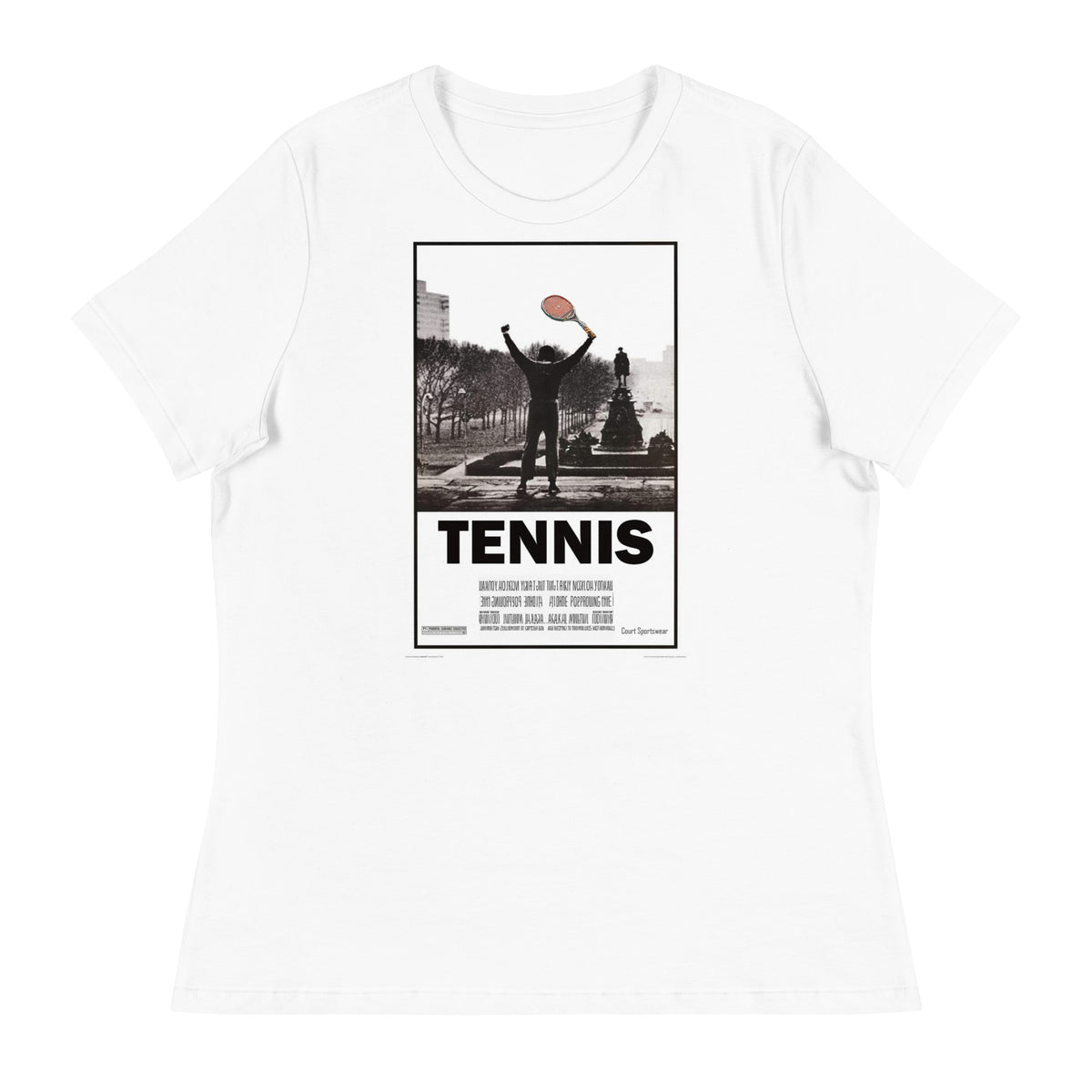 Victory Pose women's tennis tee in white, front view — vintage tennis design on combed ring-spun cotton