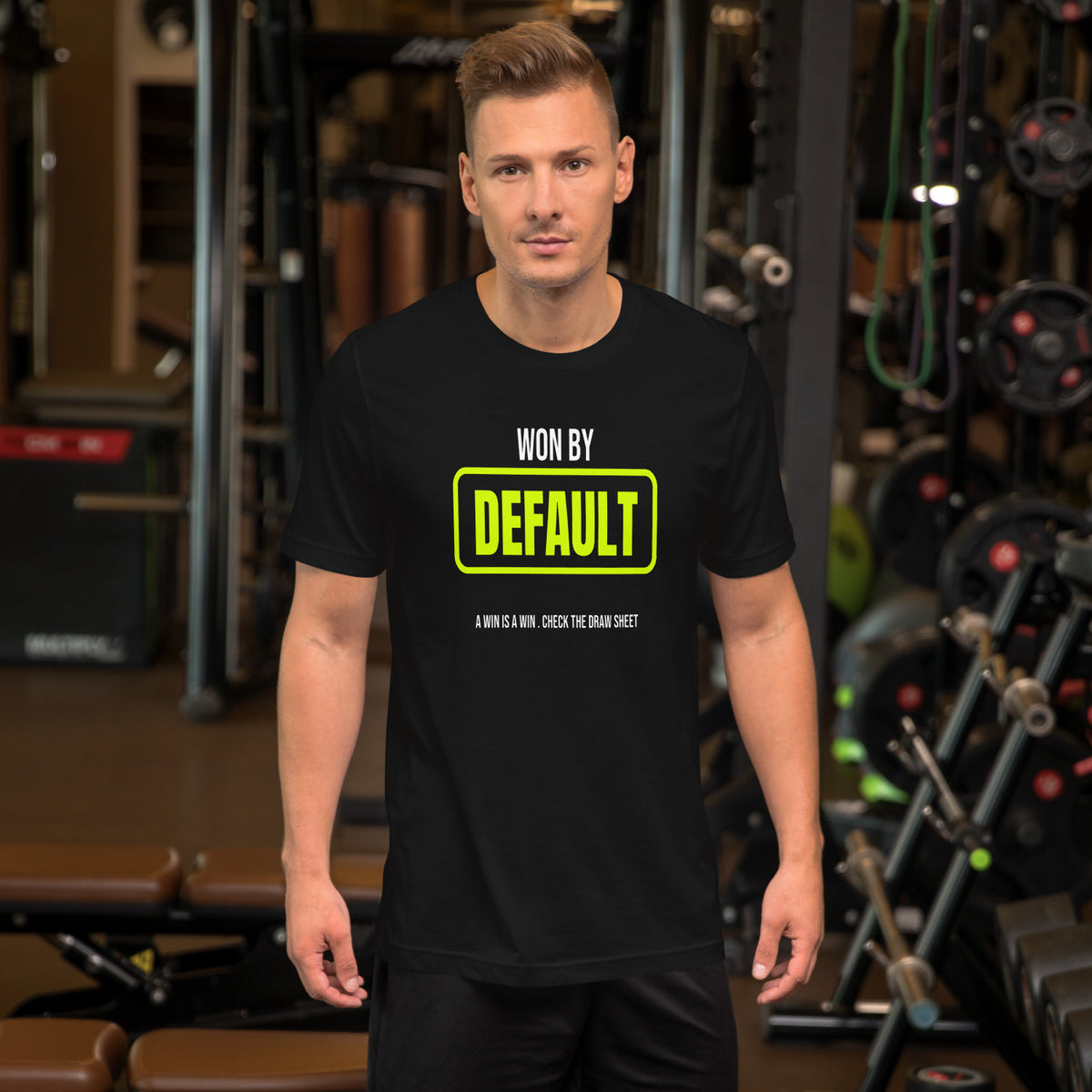 Won By Default black unisex t-shirt worn by a model -- pickleball court style